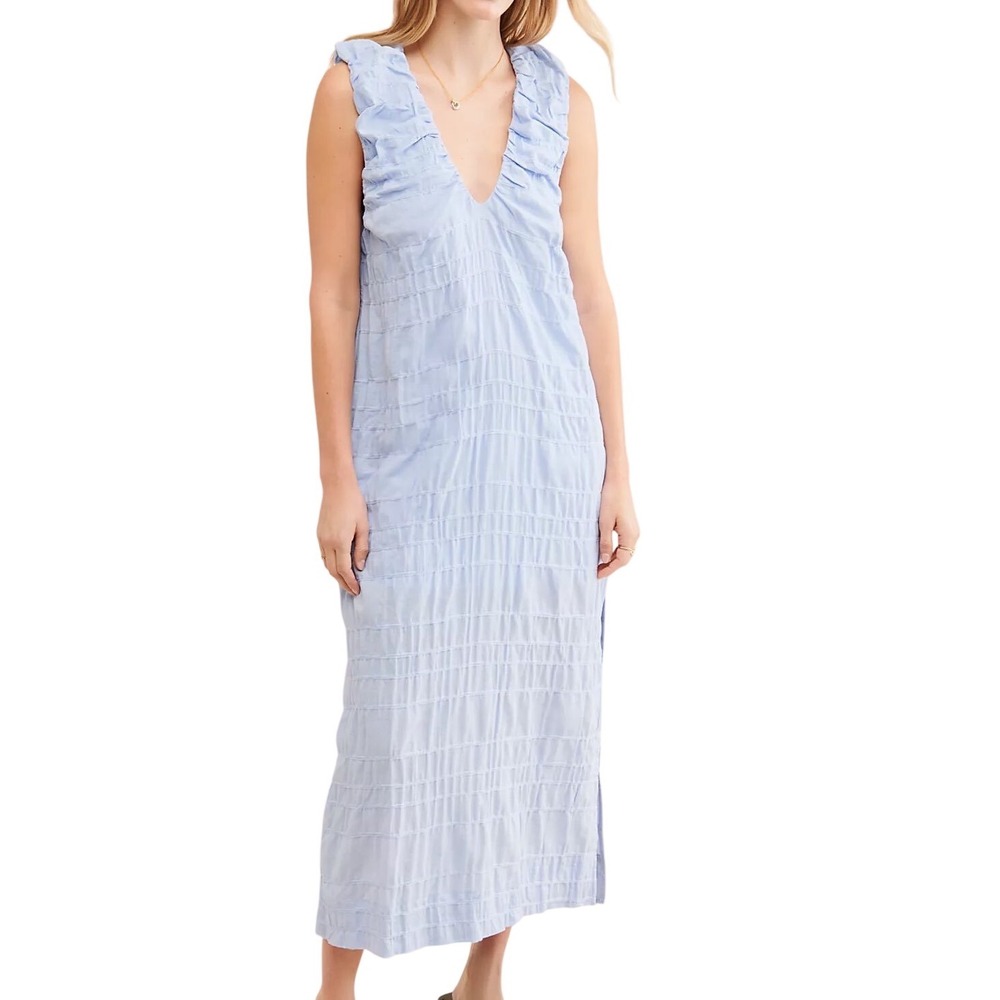Free People Agatha Midi Dress XS Blue Cotton V-Neck Textured Tie Back Slit Boho